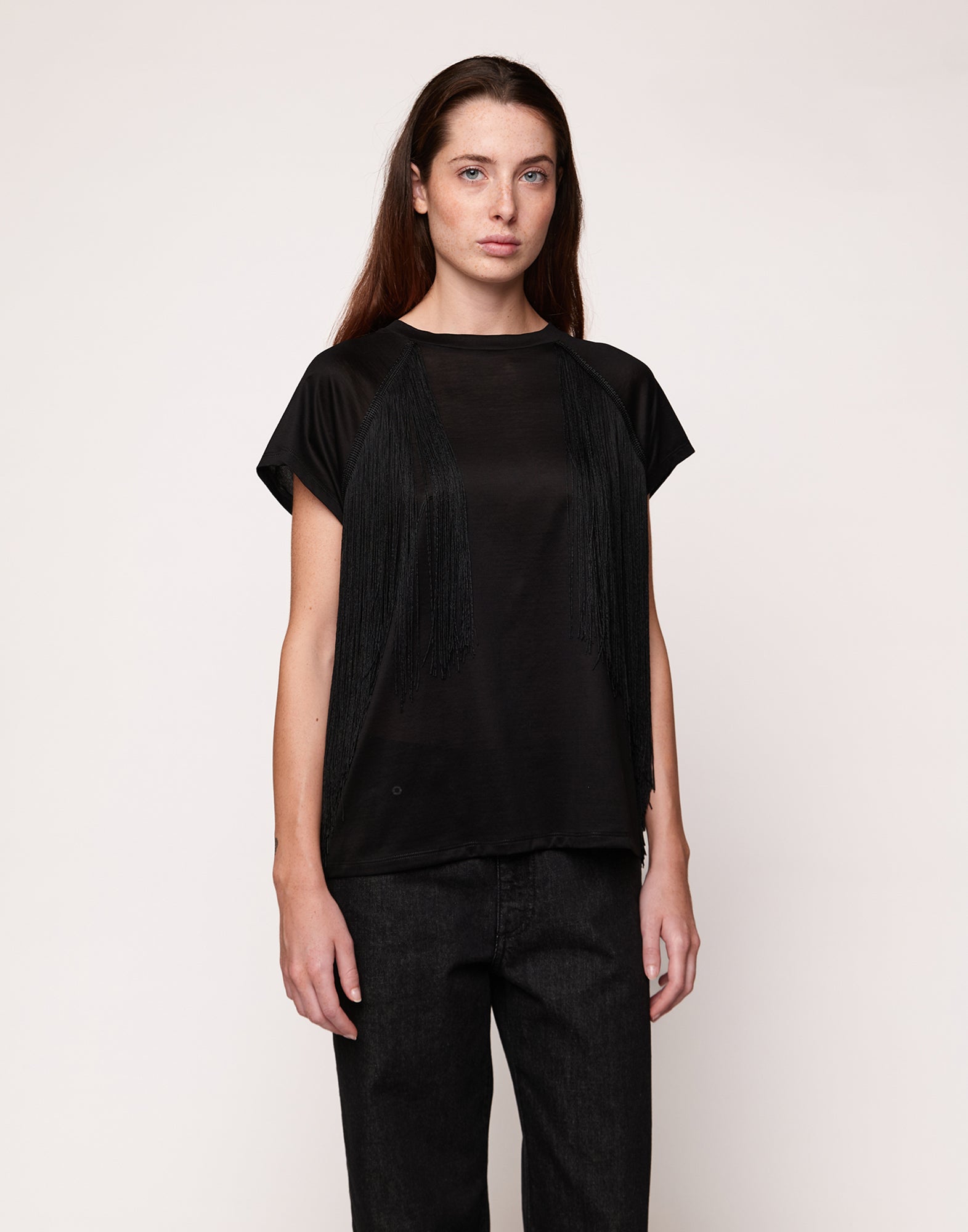 T-shirt in Cotone Makò con Frange Nera