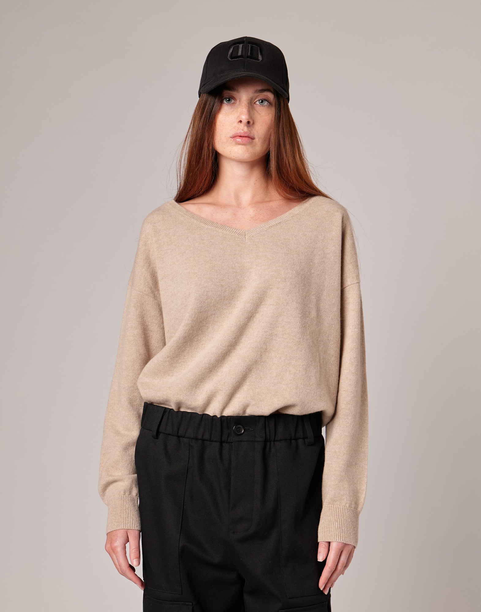 Maglione Ampio a V in Lana Extrafine/Cashmere Vaniglia