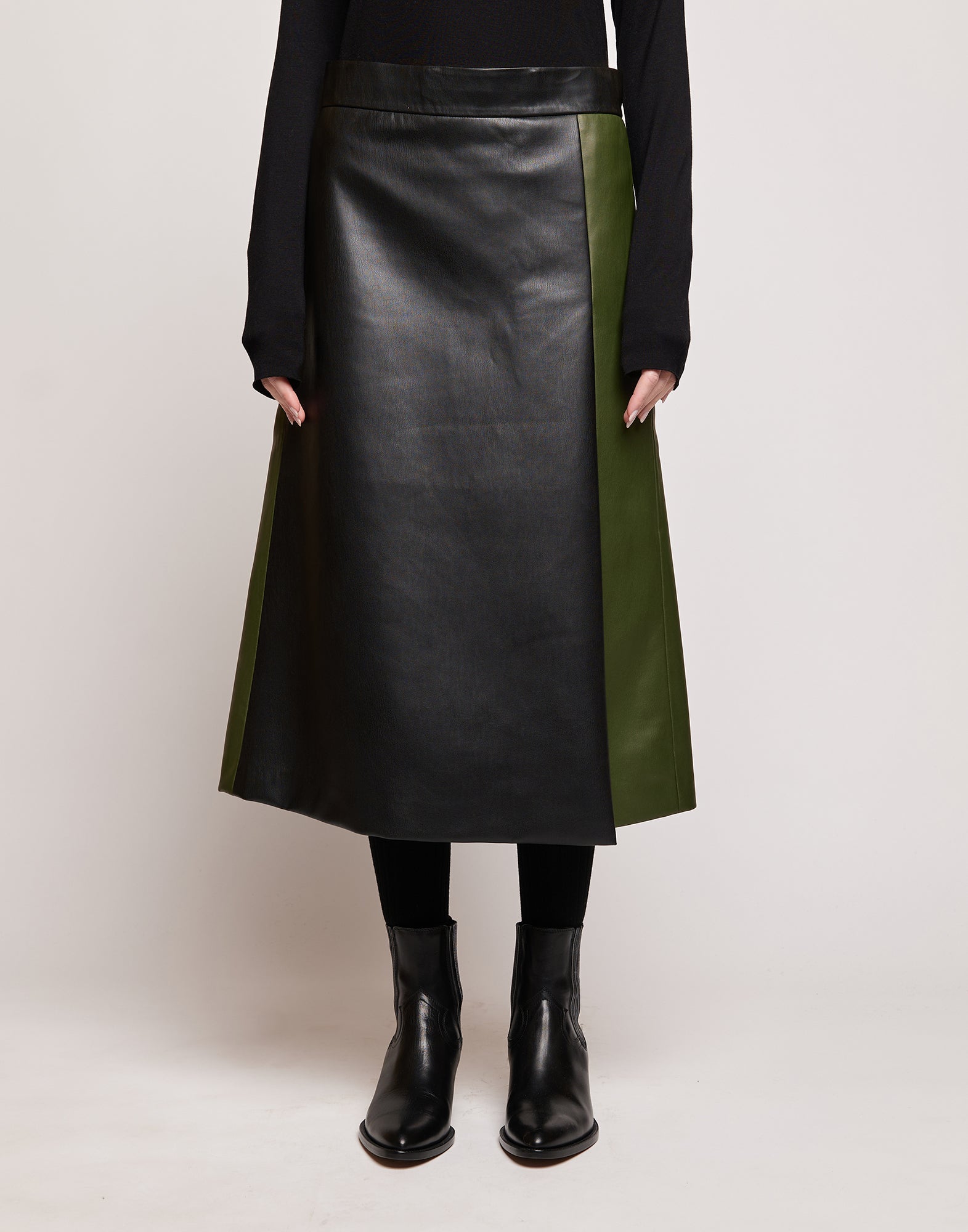 Gonna Longuette in Eco Soft Leather Bicolore Oliva/Nero