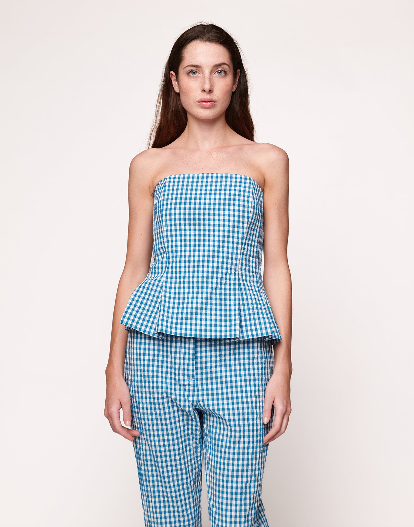 Top Decollete in Vichy Embossed Off White/Agata Blu