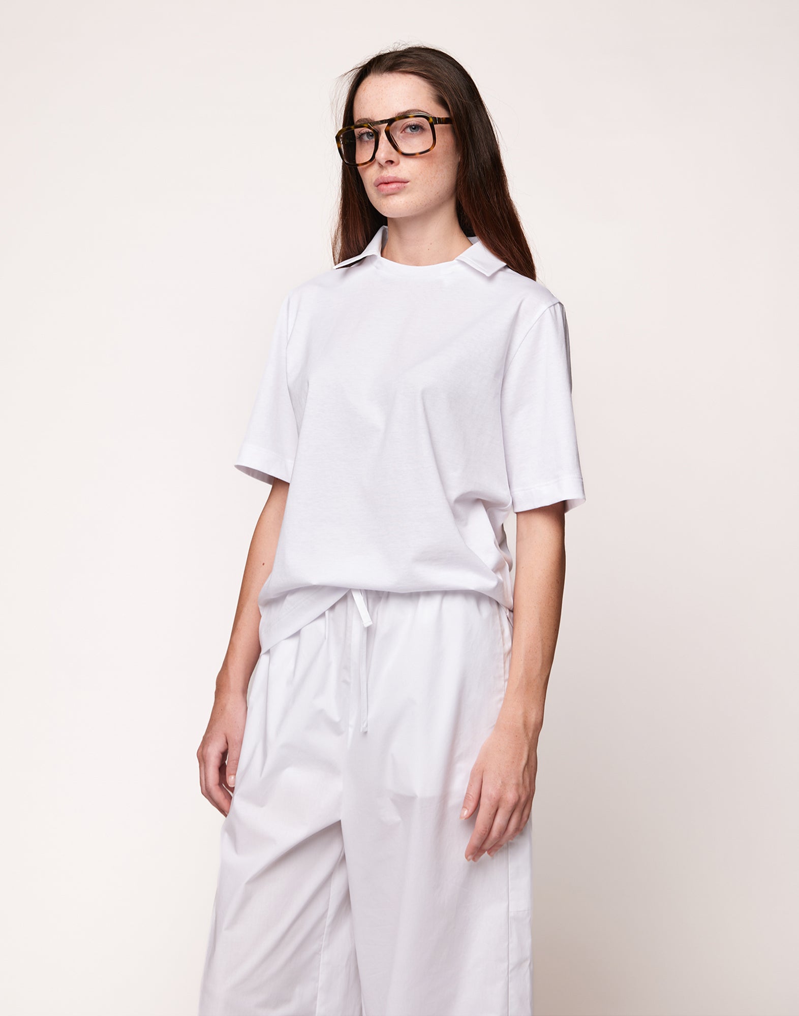 T-shirt Manica Corta con Collo Rimovibile in Popeline Off White