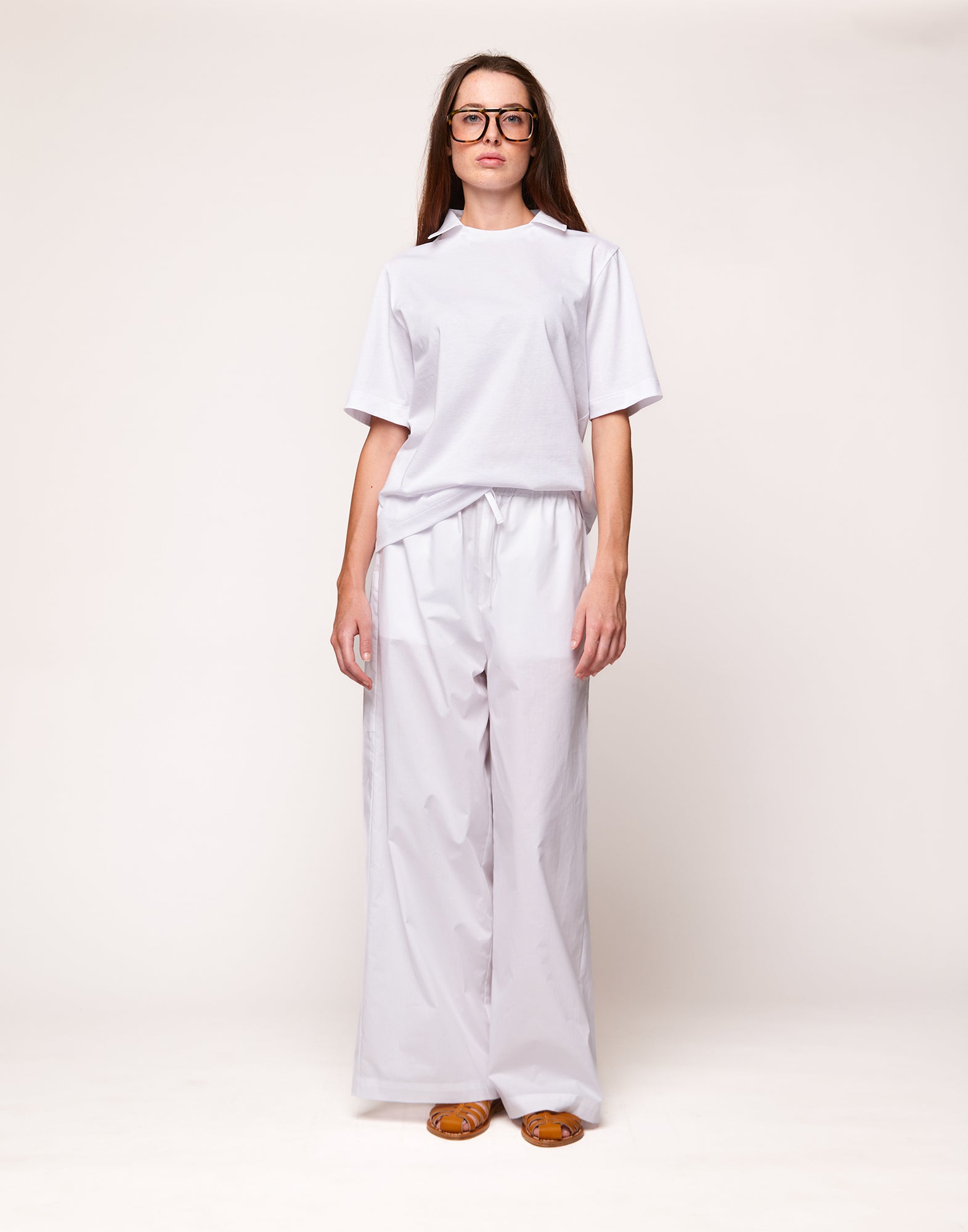 T-shirt Manica Corta con Collo Rimovibile in Popeline Off White