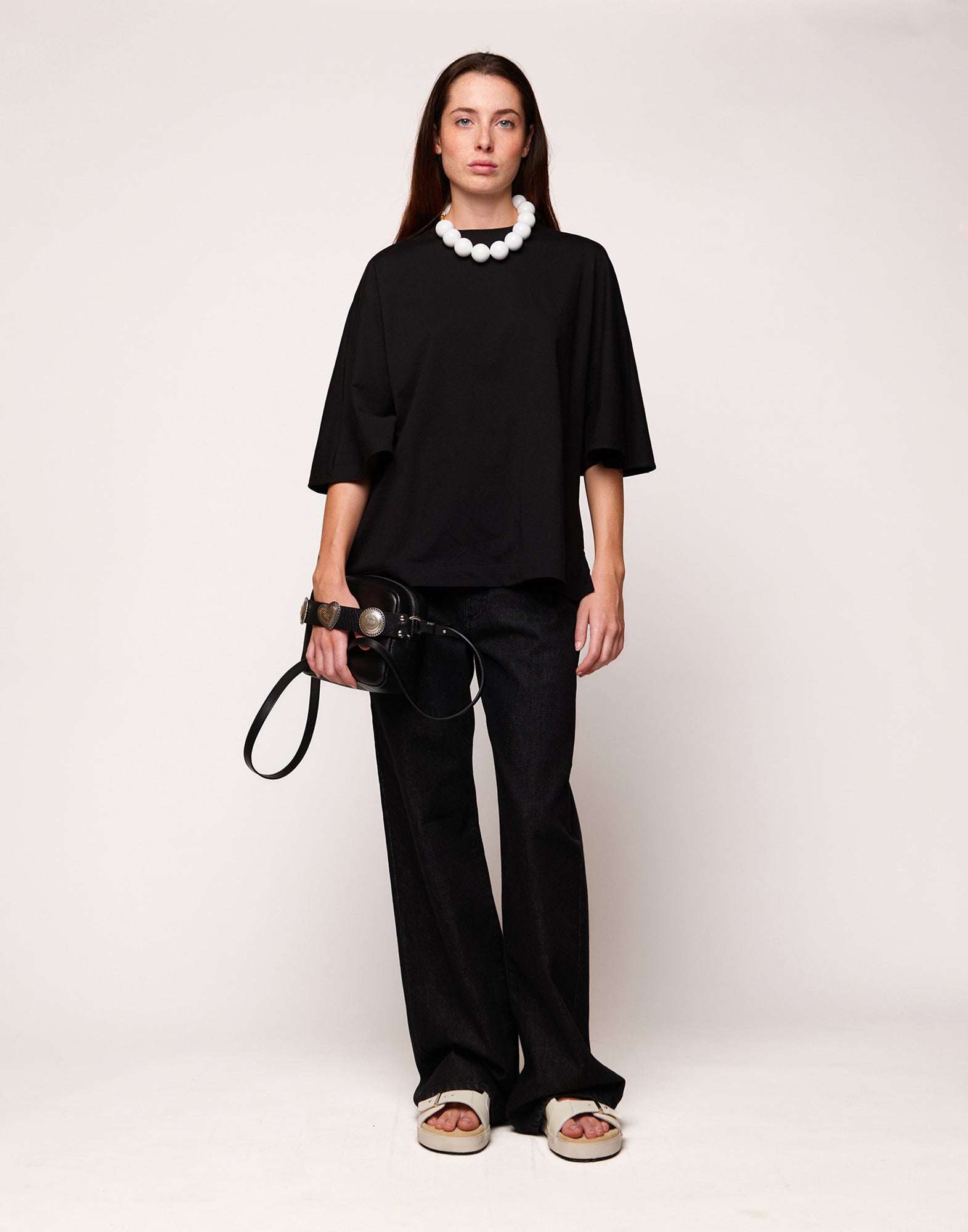 T-shirt Girocollo con Manica Kimono Nera