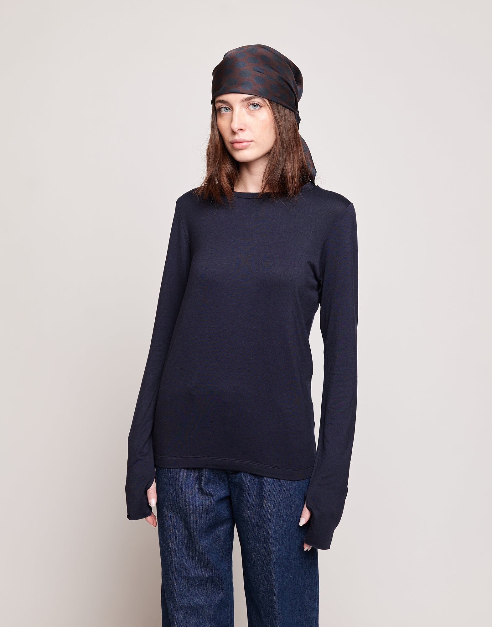 T-shirt a Maniche Lunghe in Jersey di Viscosa Stretch Oltremare