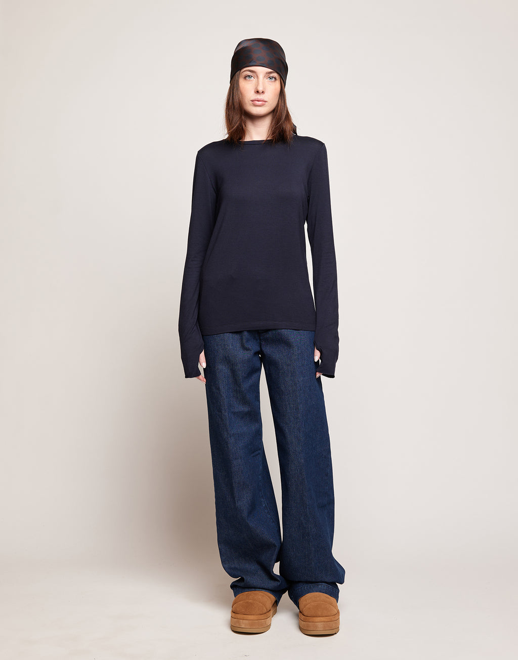 T-shirt a Maniche Lunghe in Jersey di Viscosa Stretch Oltremare