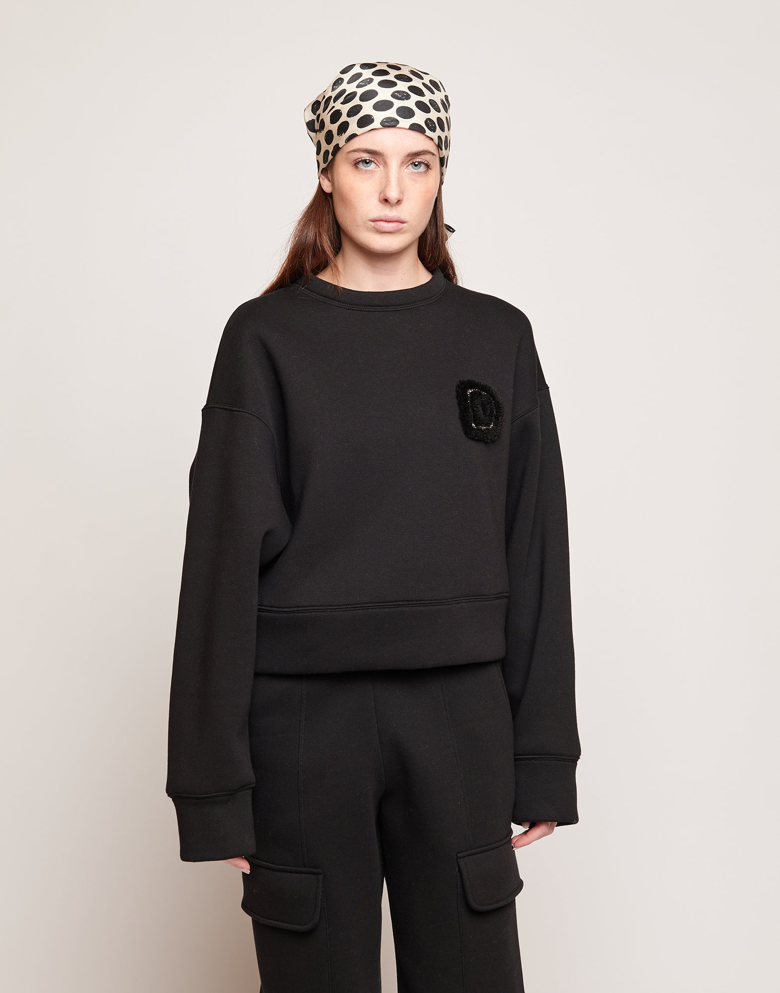 Felpa Crop in Cotone con Ricamo Applicato Nera