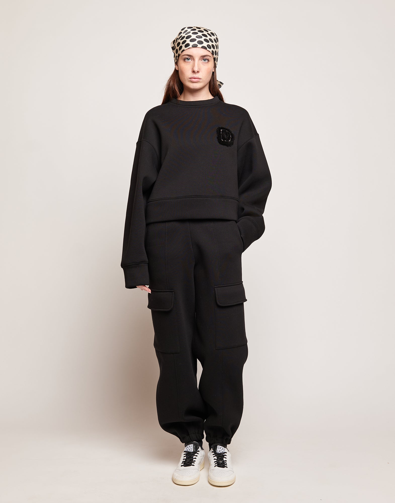 Felpa Crop in Cotone con Ricamo Applicato Nera