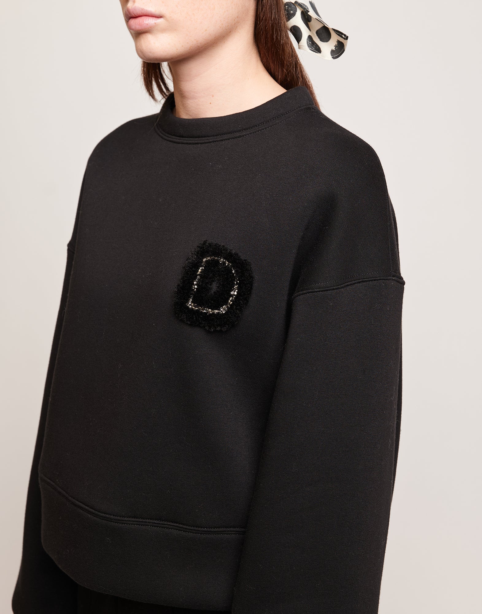Felpa Crop in Cotone con Ricamo Applicato Nera