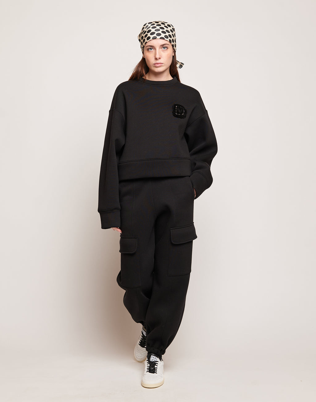 Felpa Crop in Cotone con Ricamo Applicato Nera