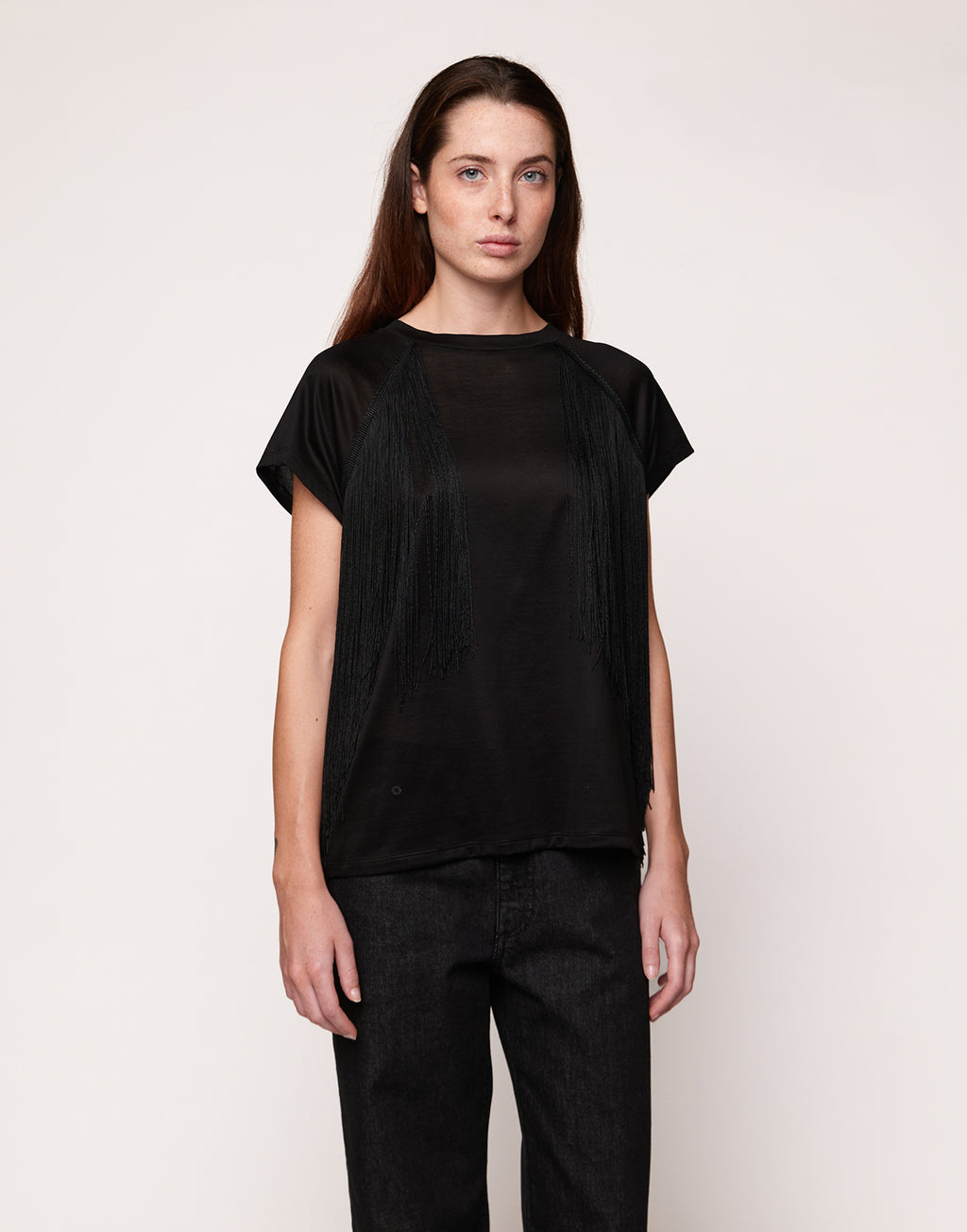T-shirt in Cotone Makò con Frange Nera