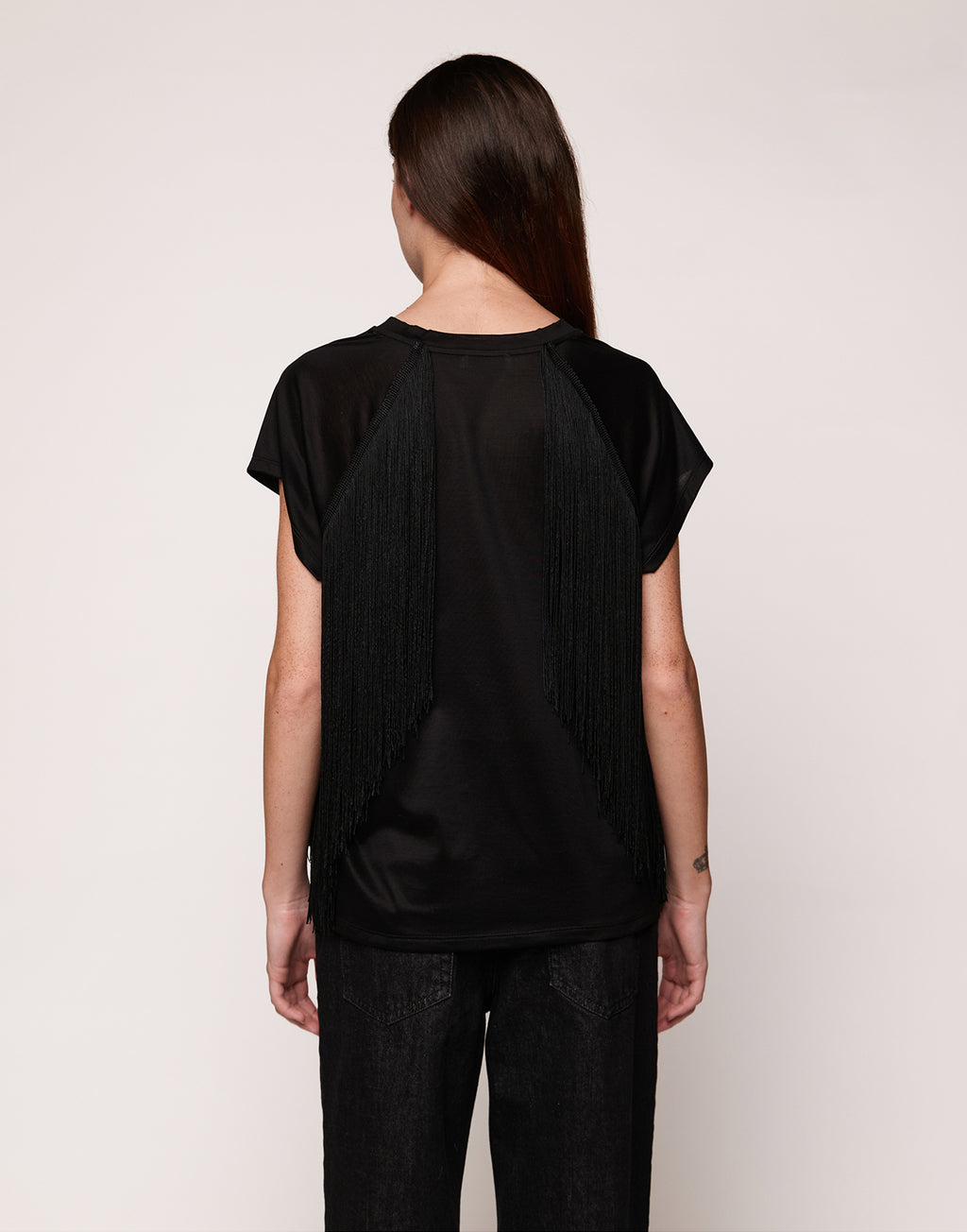 T-shirt in Cotone Makò con Frange Nera