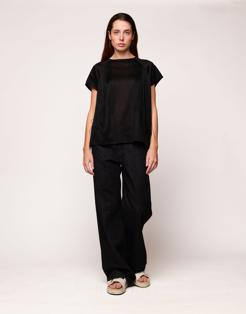 T-shirt in Cotone Makò con Frange Nera