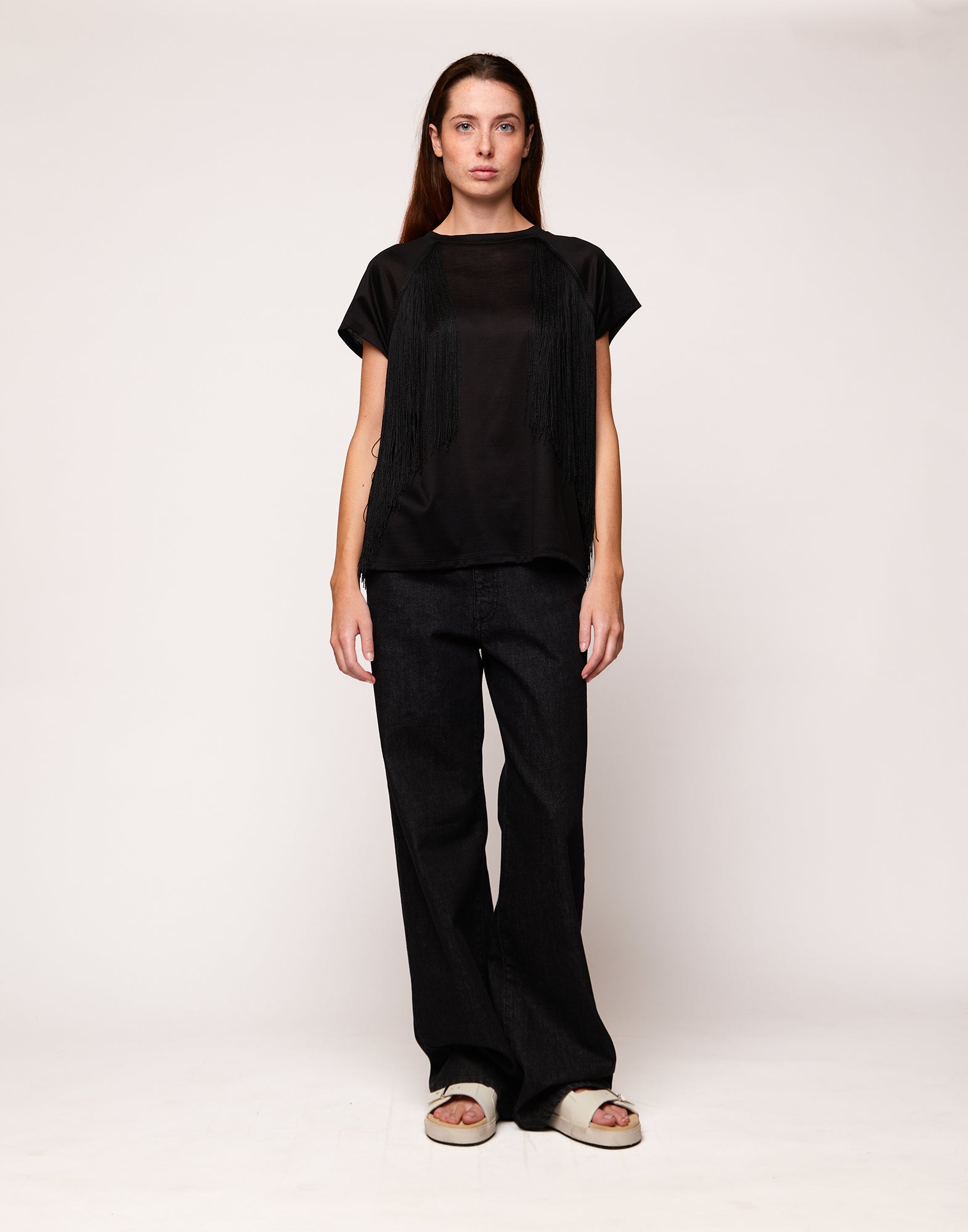 T-shirt in Cotone Makò con Frange Nera