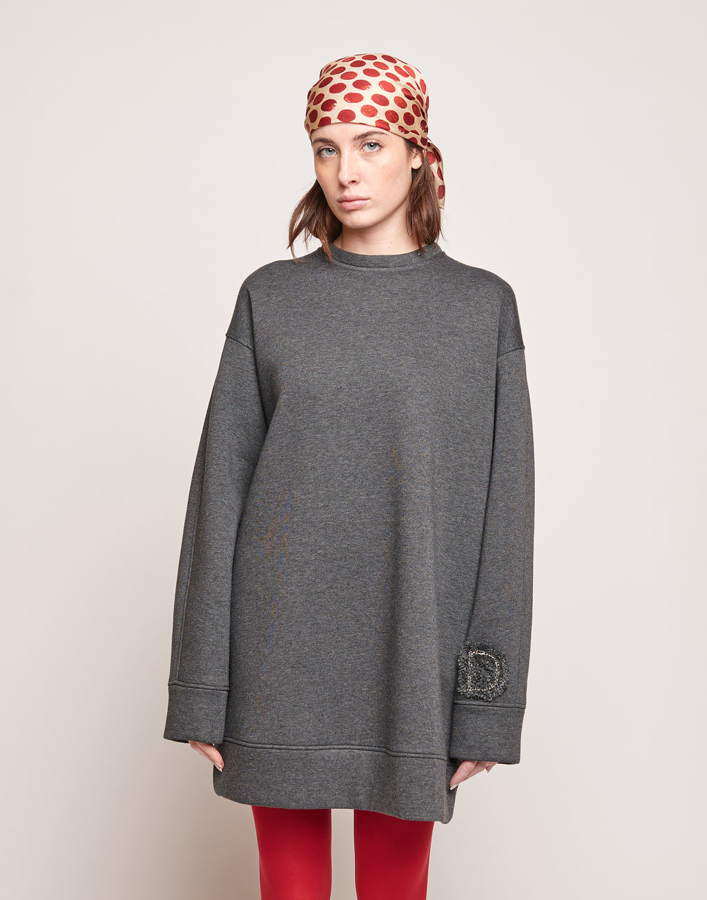 Abito in Felpa Soft con Ricamo Applicato Grigio Melange