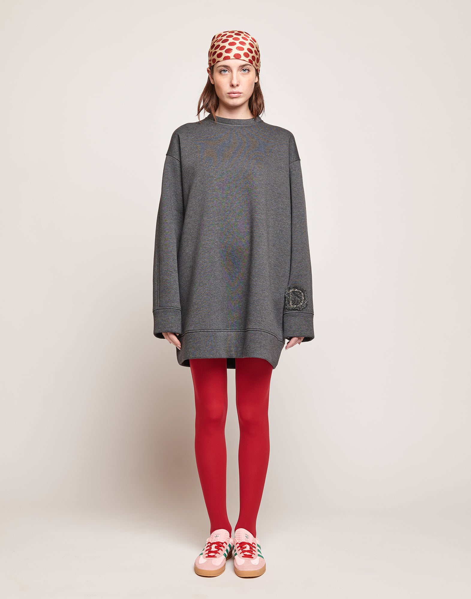 Abito in Felpa Soft con Ricamo Applicato Grigio Melange