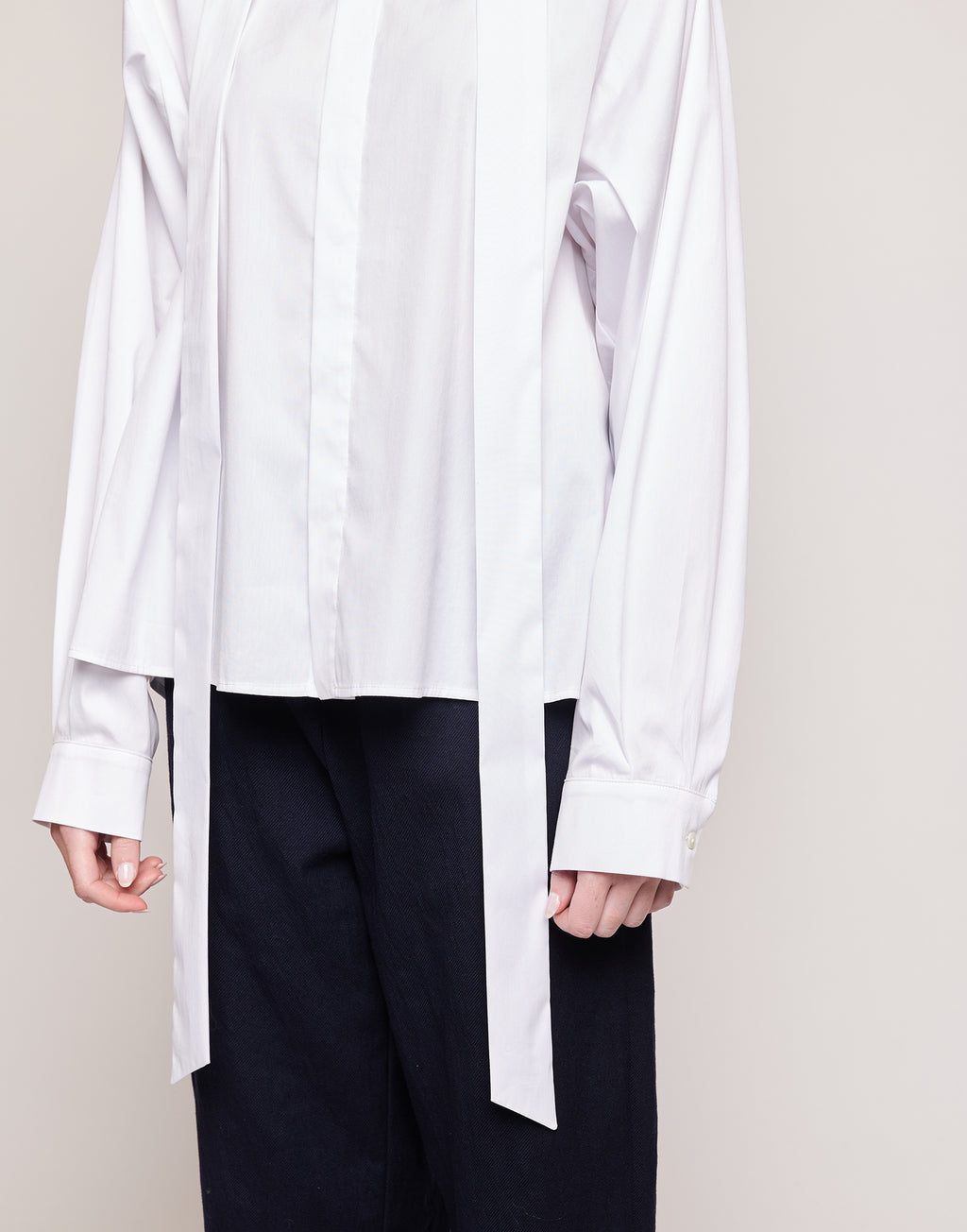Camicia in Popeline Stretch con Nastro al Collo Bianco