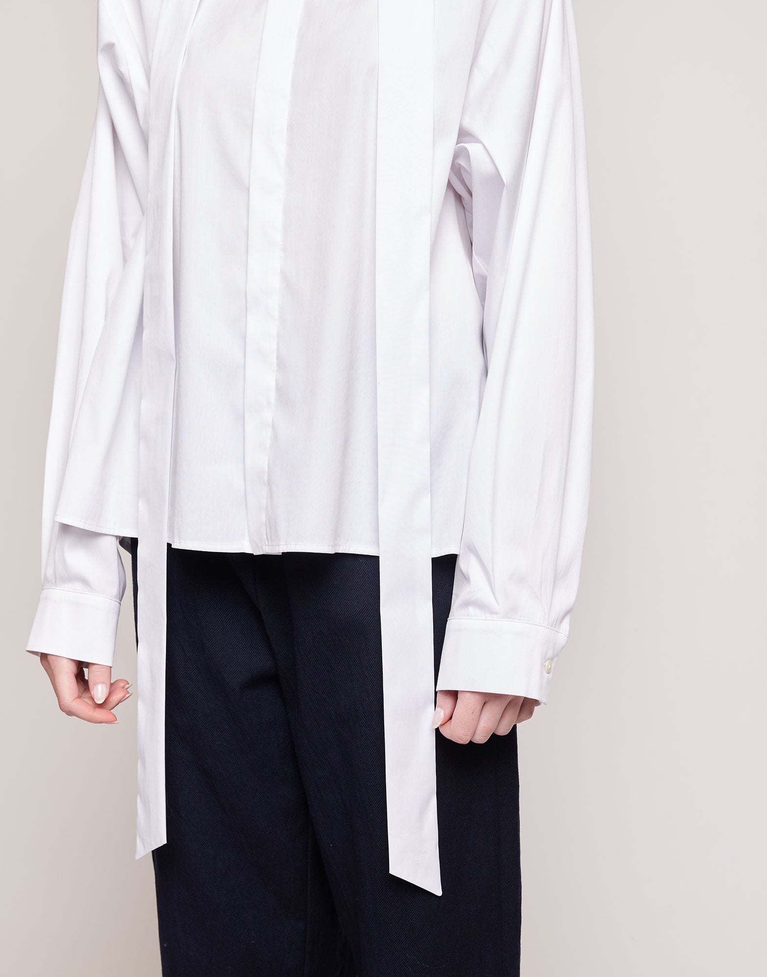 Camicia in Popeline Stretch con Nastro al Collo Bianco