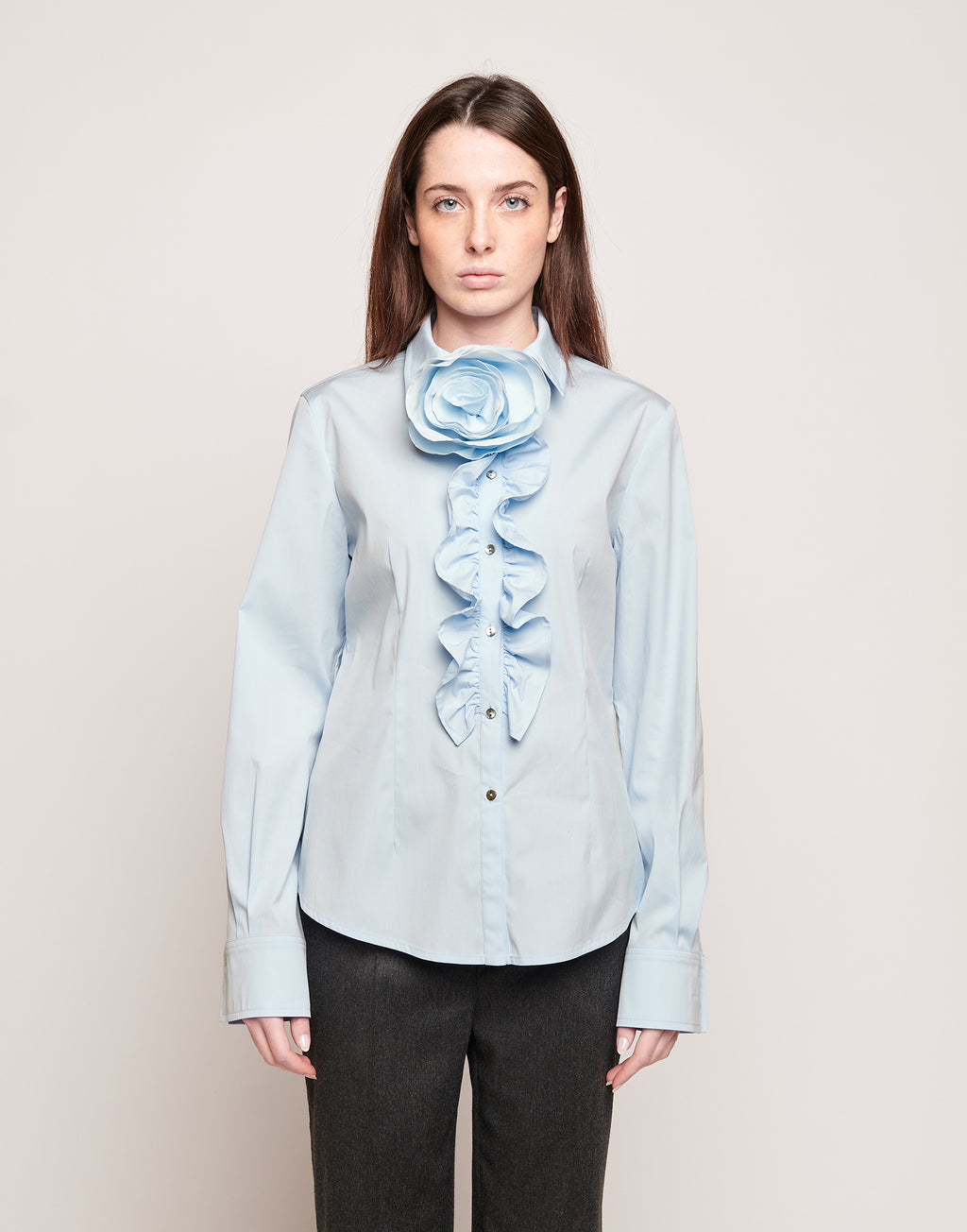 Camicia in Popeline Stretch con Rouches Frontali Celeste