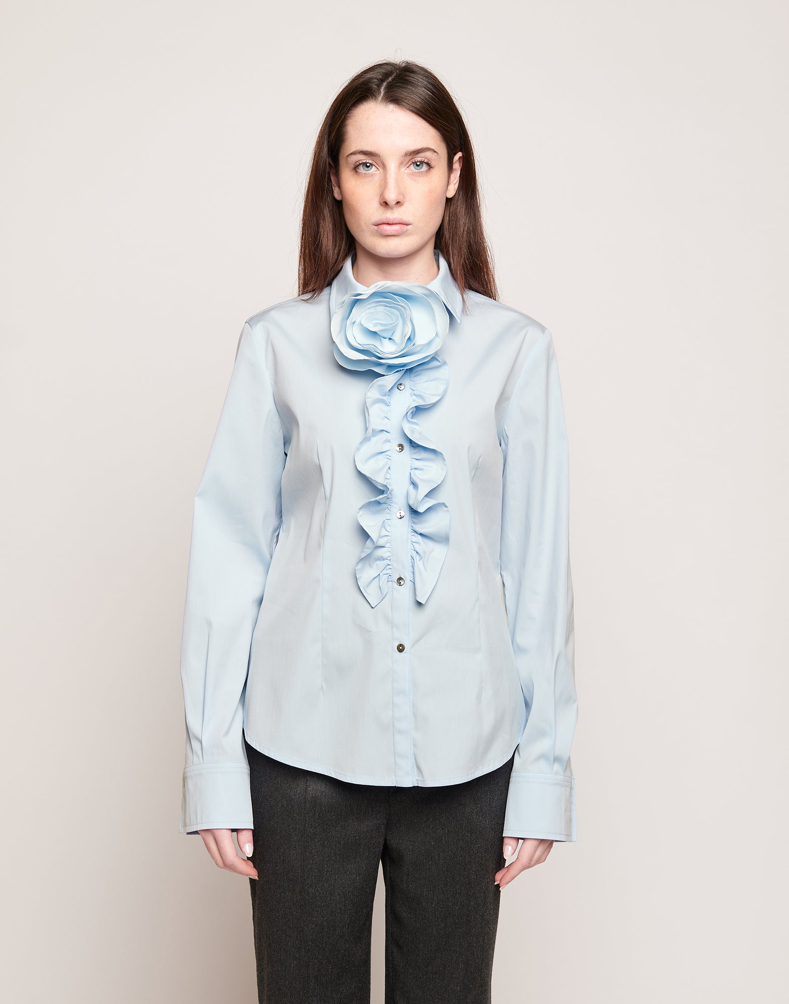 Camicia in Popeline Stretch con Rouches Frontali Celeste