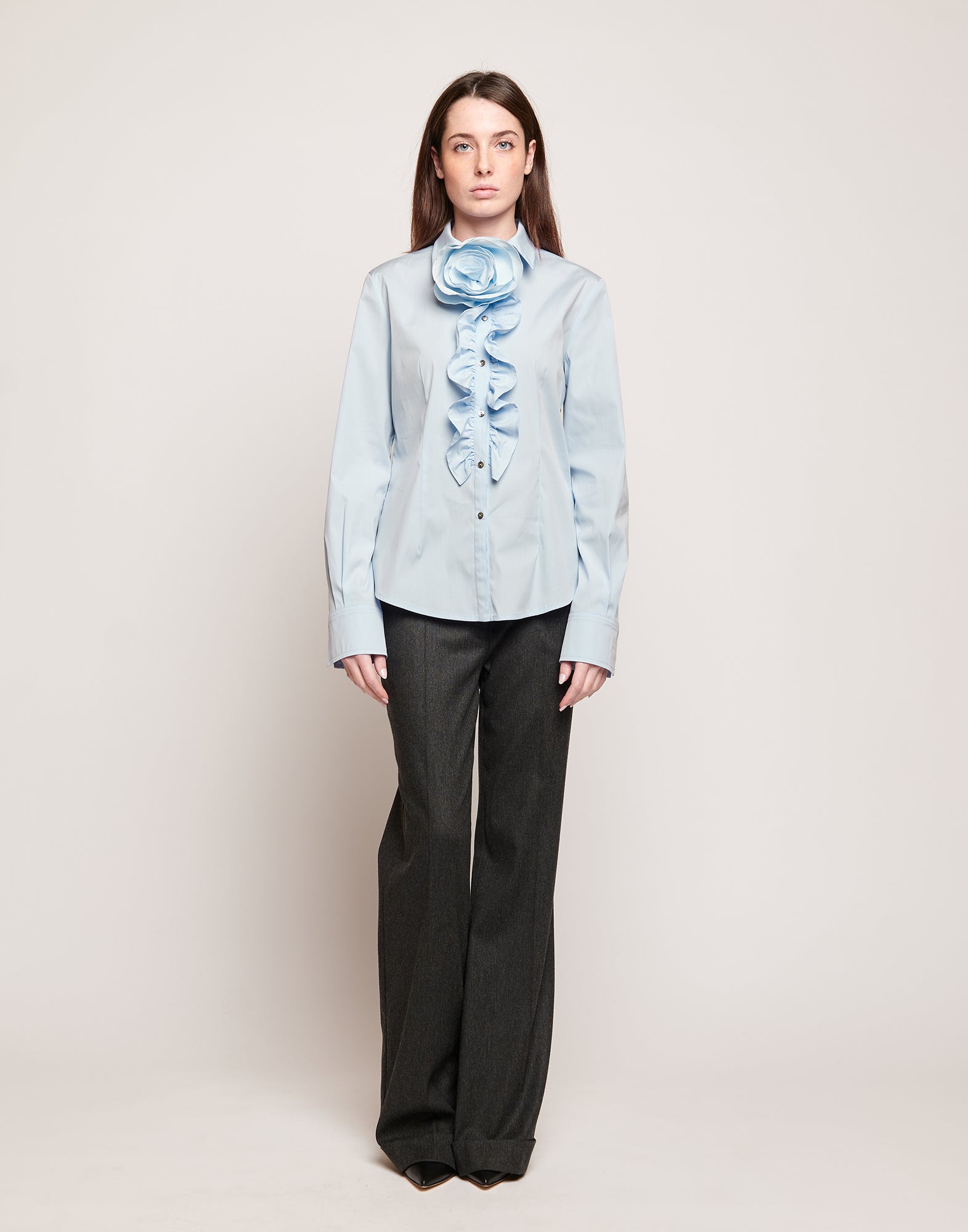 Camicia in Popeline Stretch con Rouches Frontali Celeste