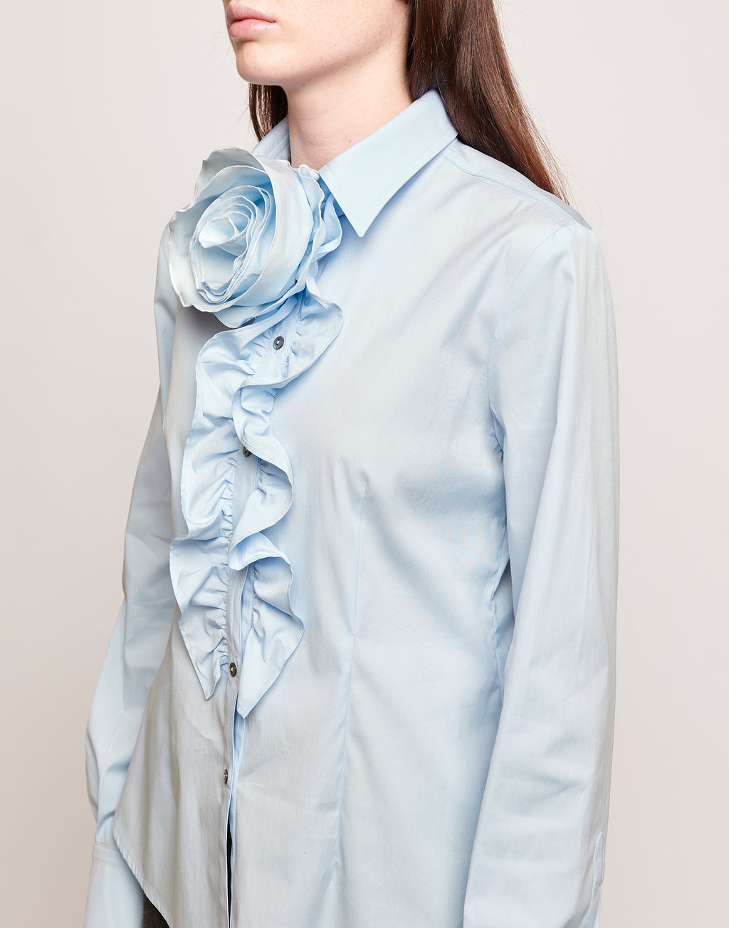 Camicia in Popeline Stretch con Rouches Frontali Celeste