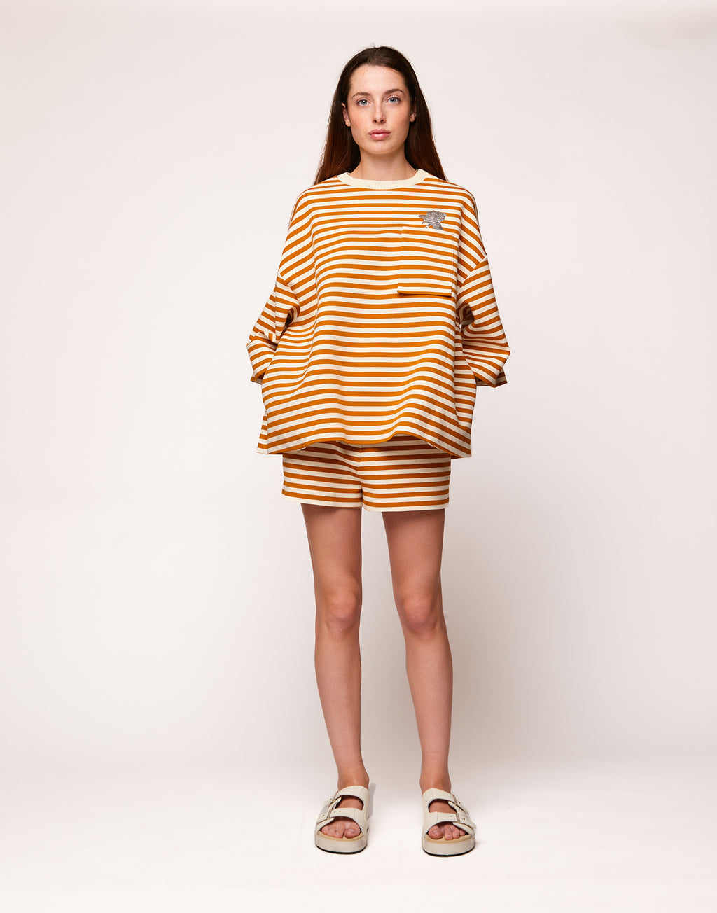 Shorts in Felpa Rigata Sartoriale Zafferano/Latte