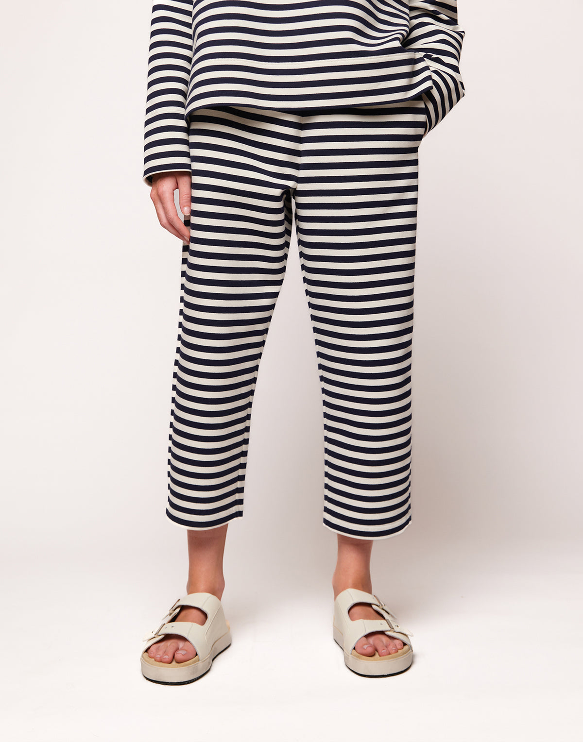 Japan Tailored Striped Fleece Trousers in Navy/Milk Blue