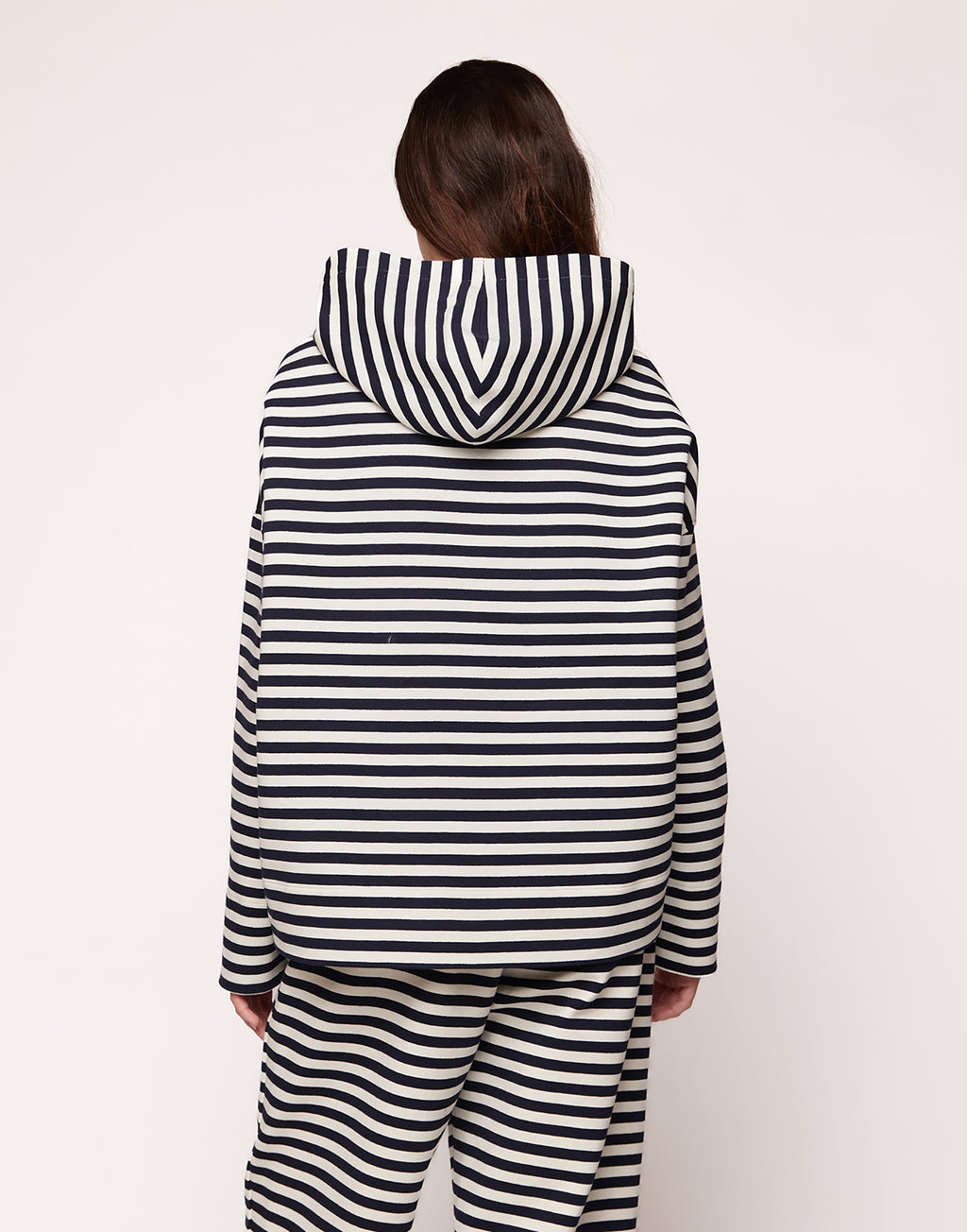 Felpa con Cappuccio in Felpa Rigata Sartoriale Blu Navy/Latte