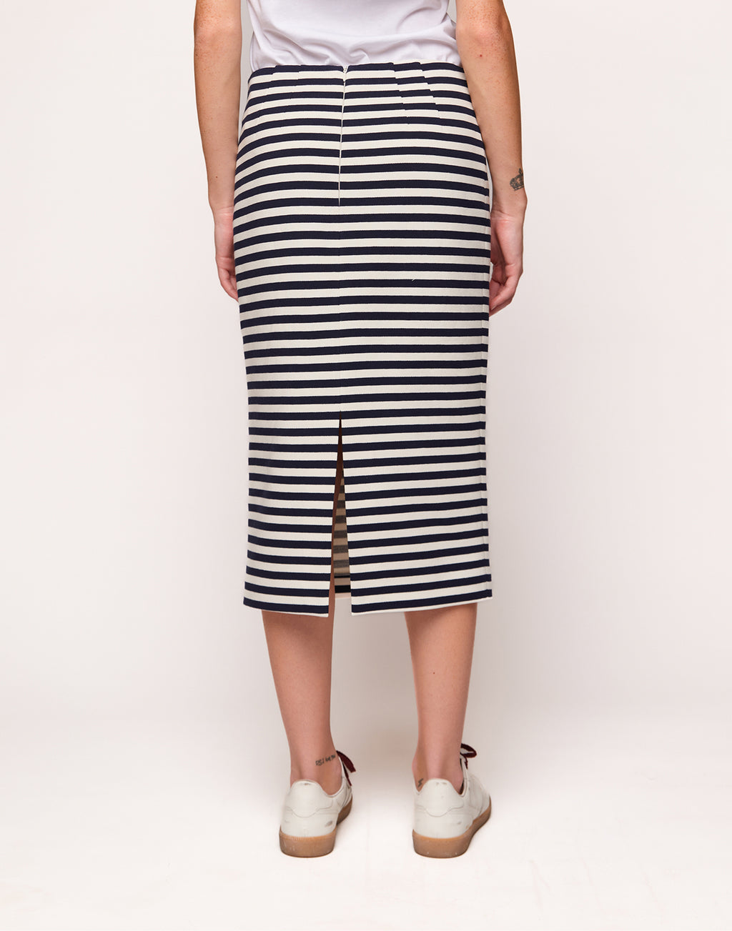 Gonna Longuette in Felpa Rigata Sartoriale Blu Navy/Latte