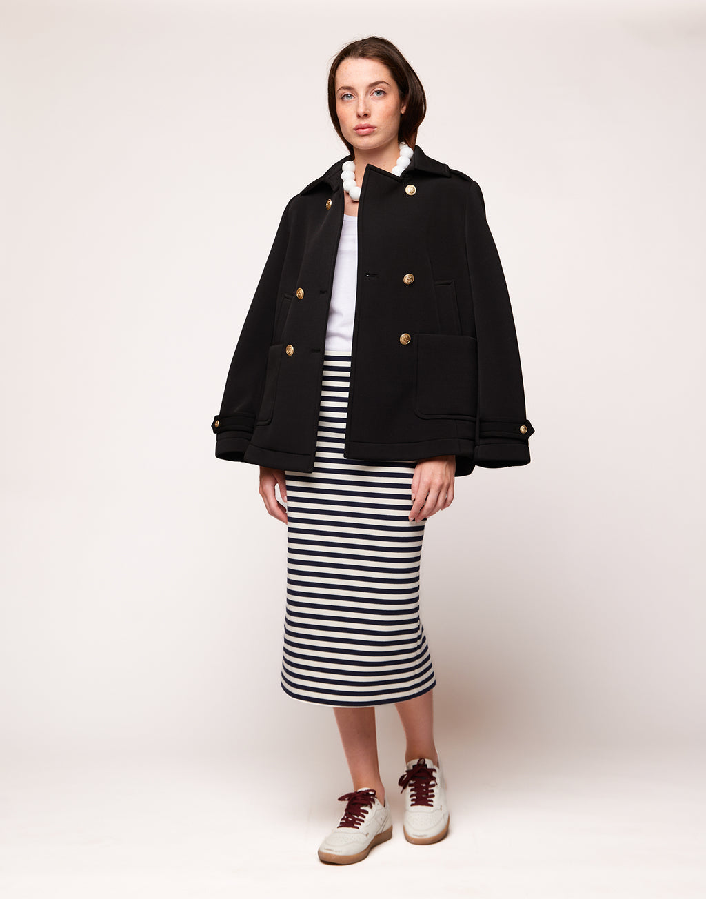 Gonna Longuette in Felpa Rigata Sartoriale Blu Navy/Latte