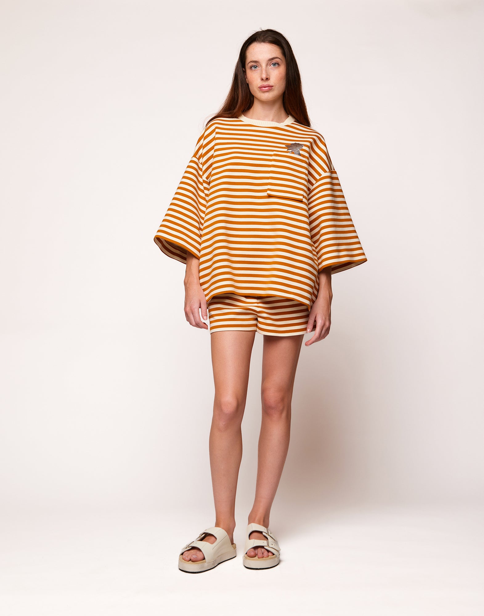 Felpa Taglio Kimono in Felpa Rigata Sartoriale Zafferano/Latte