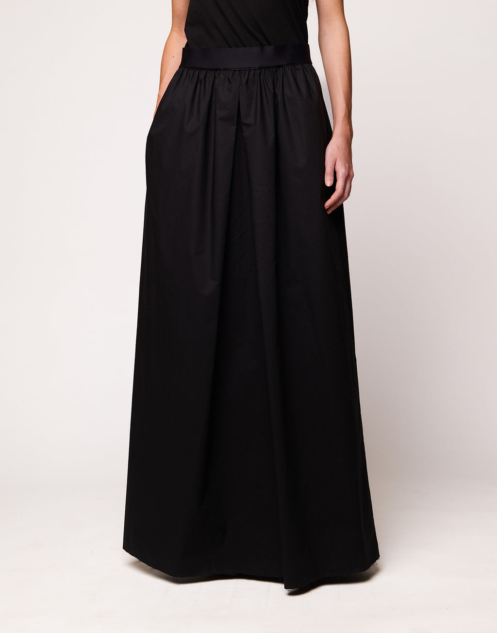 Gonna Lunga con Elastico in Vita in Popeline Nero