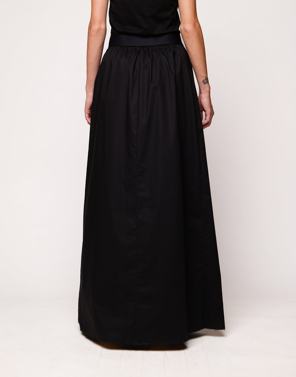 Gonna Lunga con Elastico in Vita in Popeline Nero
