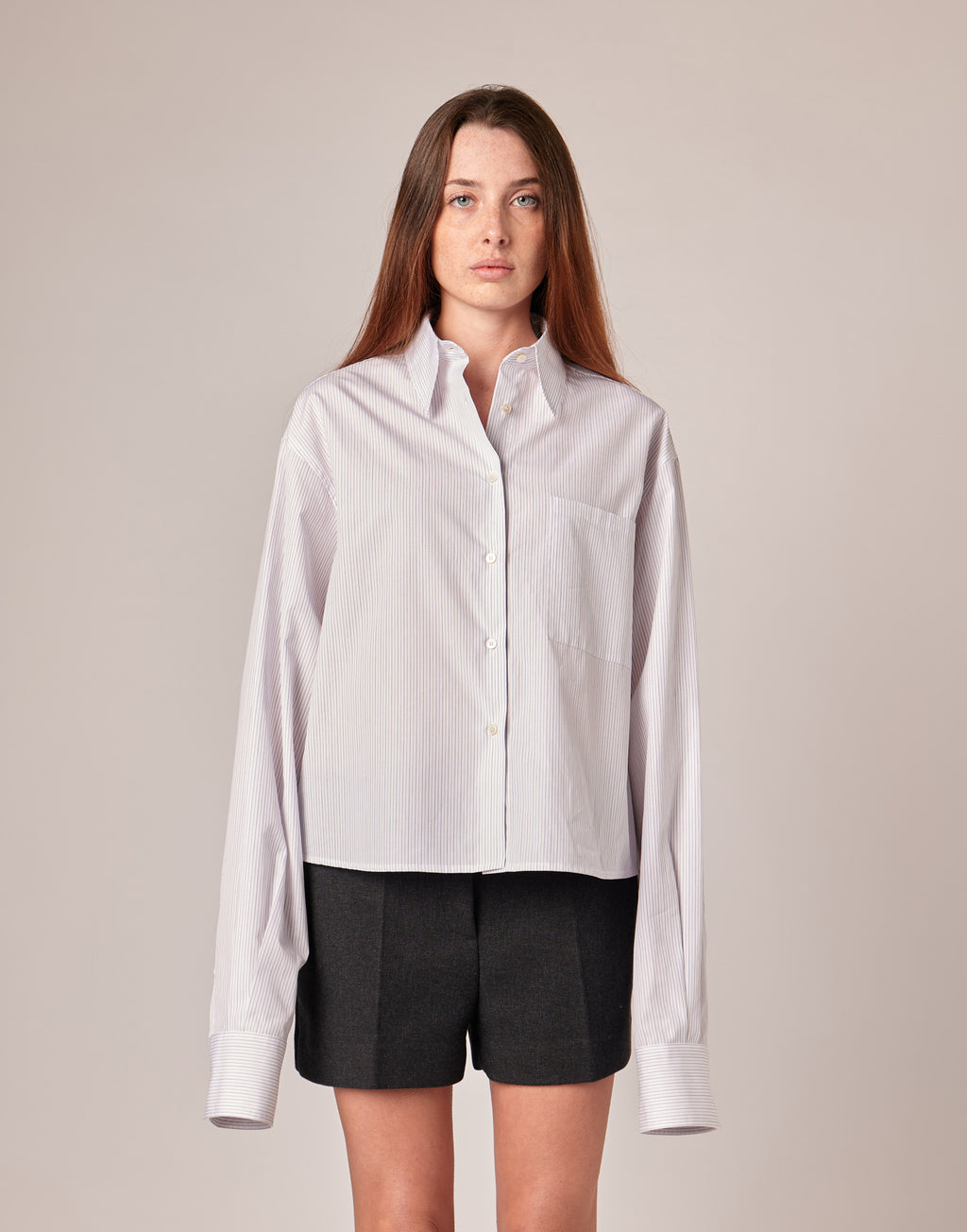 Camicia Cropped in Popeline Rigato Bianco/Bordeaux/Blu
