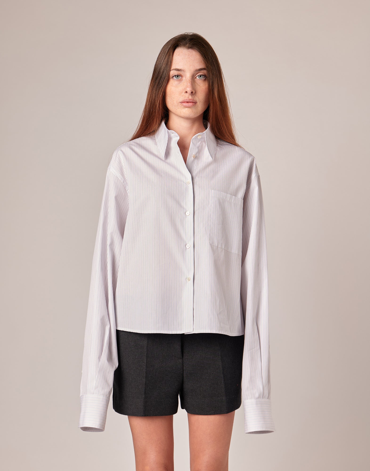 Camicia Cropped in Popeline Rigato Bianco/Bordeaux/Blu