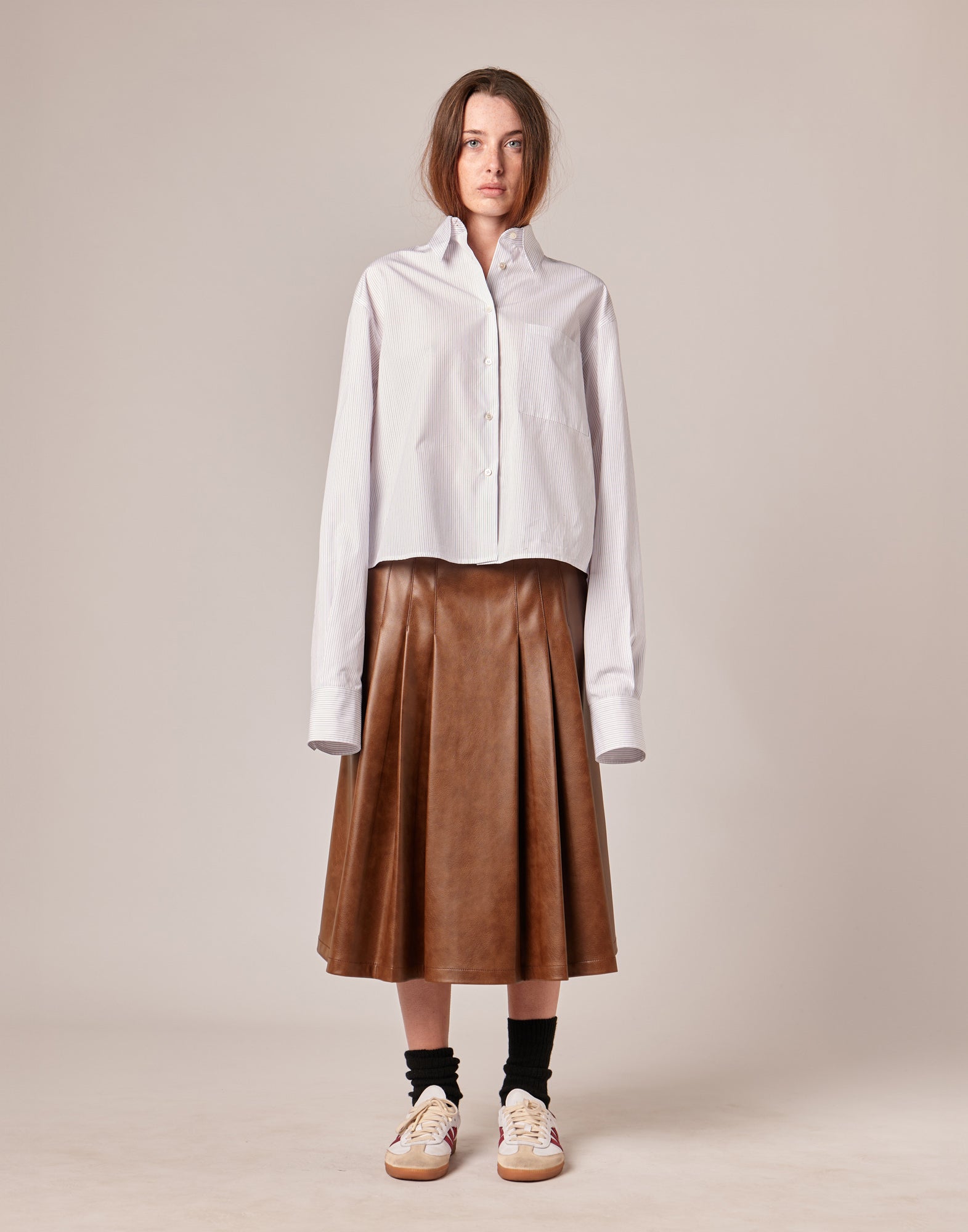 Camicia Cropped in Popeline Rigato Bianco/Bordeaux/Blu