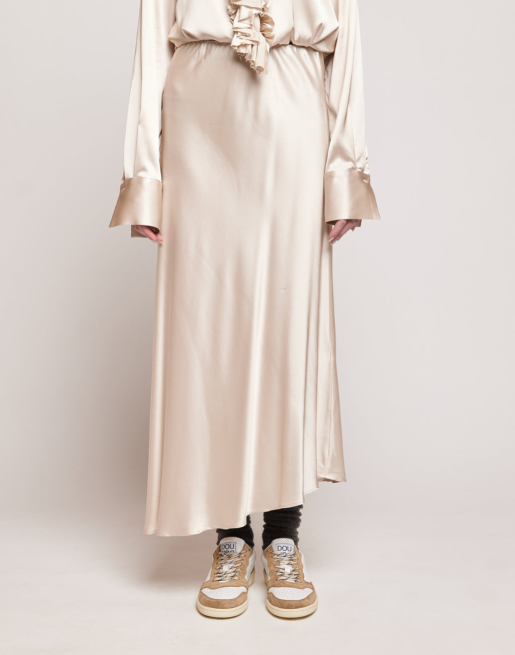 Gonna Lunga Asimmetrica in Satin Stretch Champagne