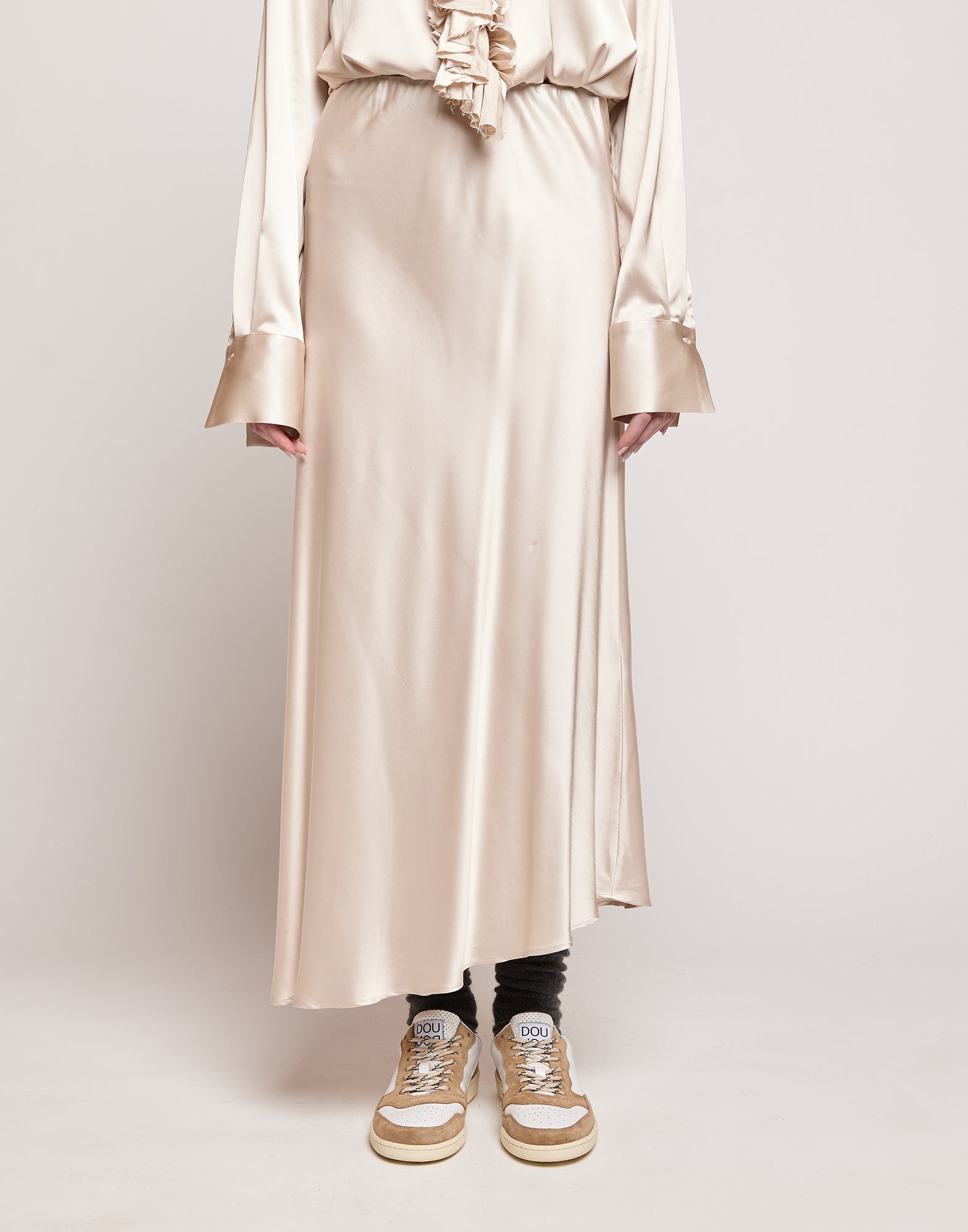 Gonna Lunga Asimmetrica in Satin Stretch Champagne