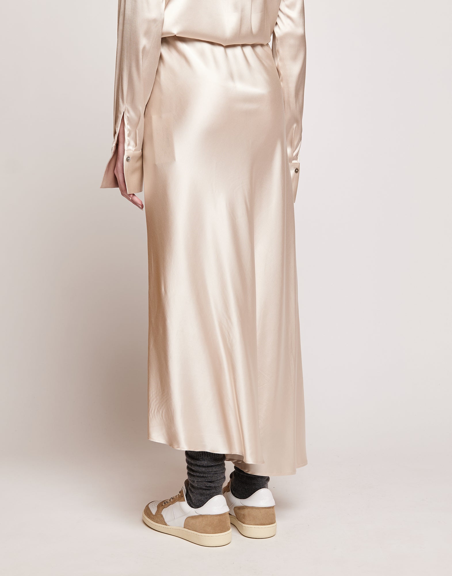 Gonna Lunga Asimmetrica in Satin Stretch Champagne