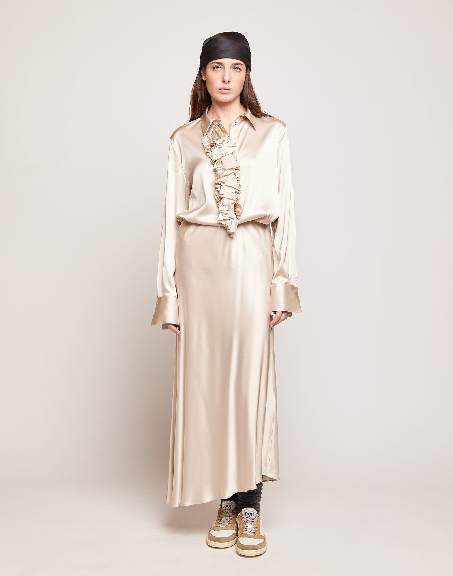 Gonna Lunga Asimmetrica in Satin Stretch Champagne