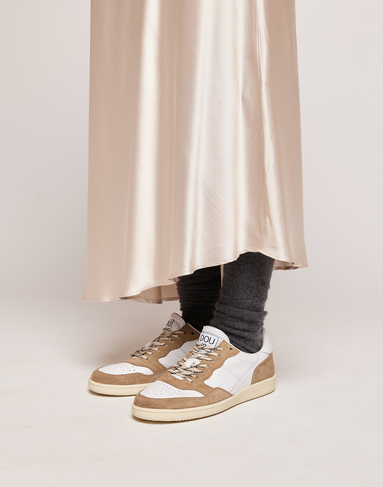 Gonna Lunga Asimmetrica in Satin Stretch Champagne