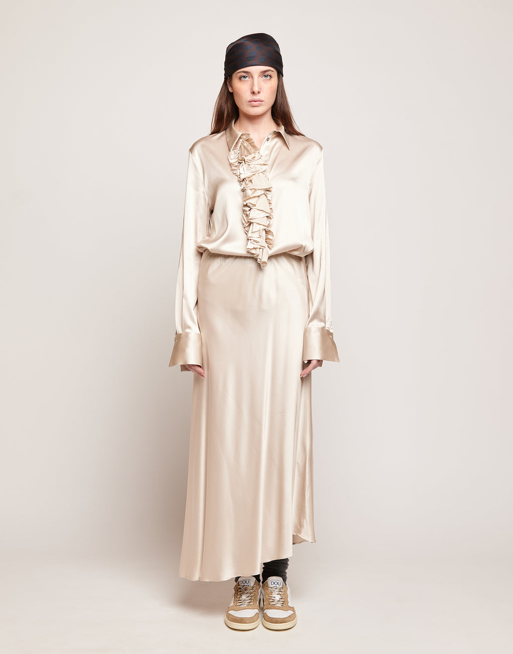 Camicia in Satin Stretch con Rouches Frontali Champagne