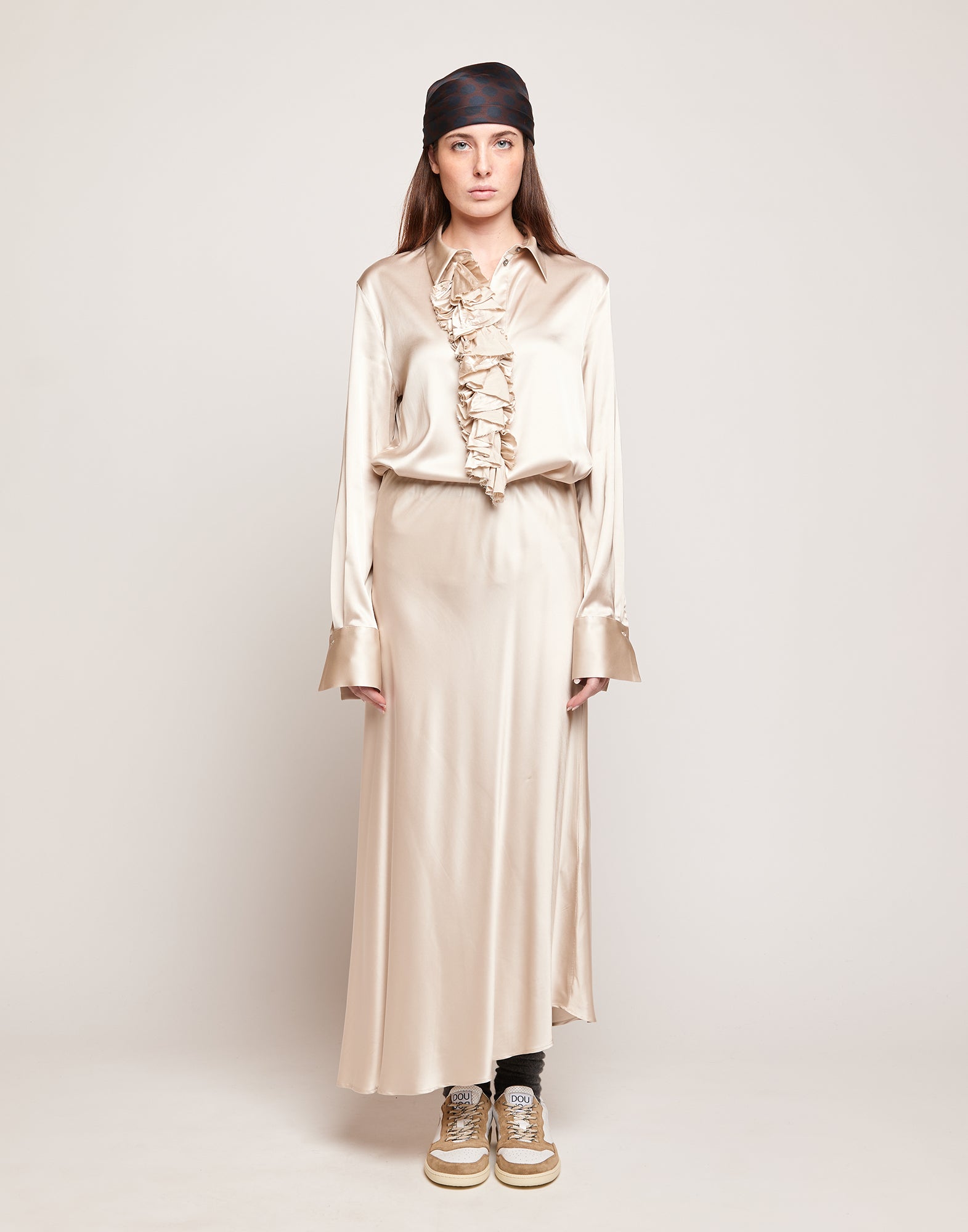 Camicia in Satin Stretch con Rouches Frontali Champagne