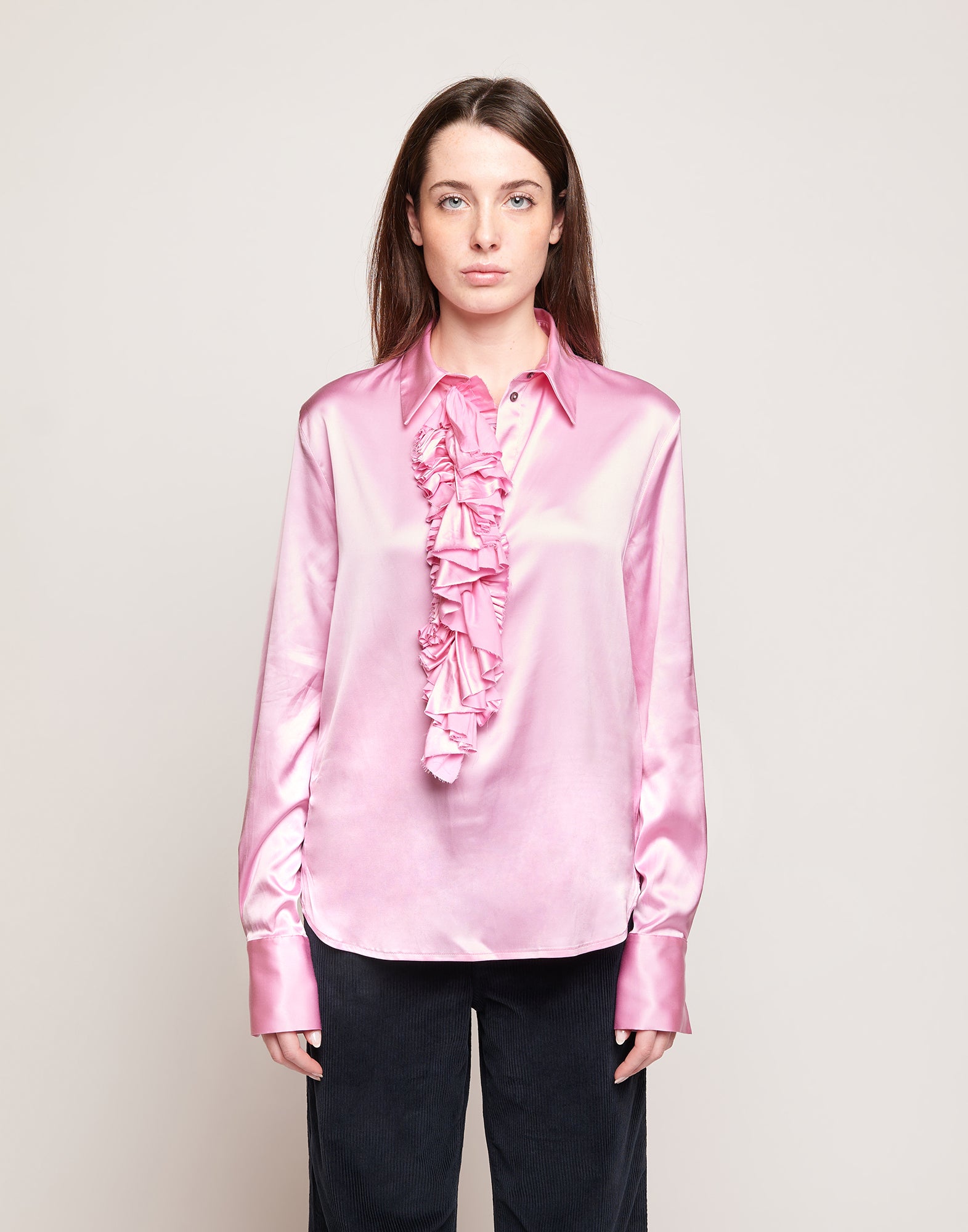 Camicia in Satin Stretch con Rouches Frontali Bocciolo