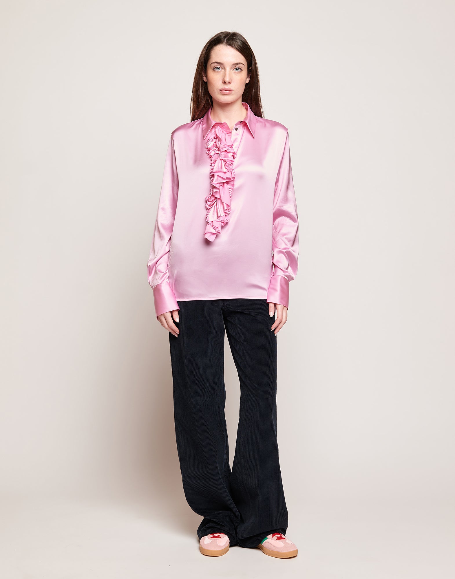 Camicia in Satin Stretch con Rouches Frontali Bocciolo