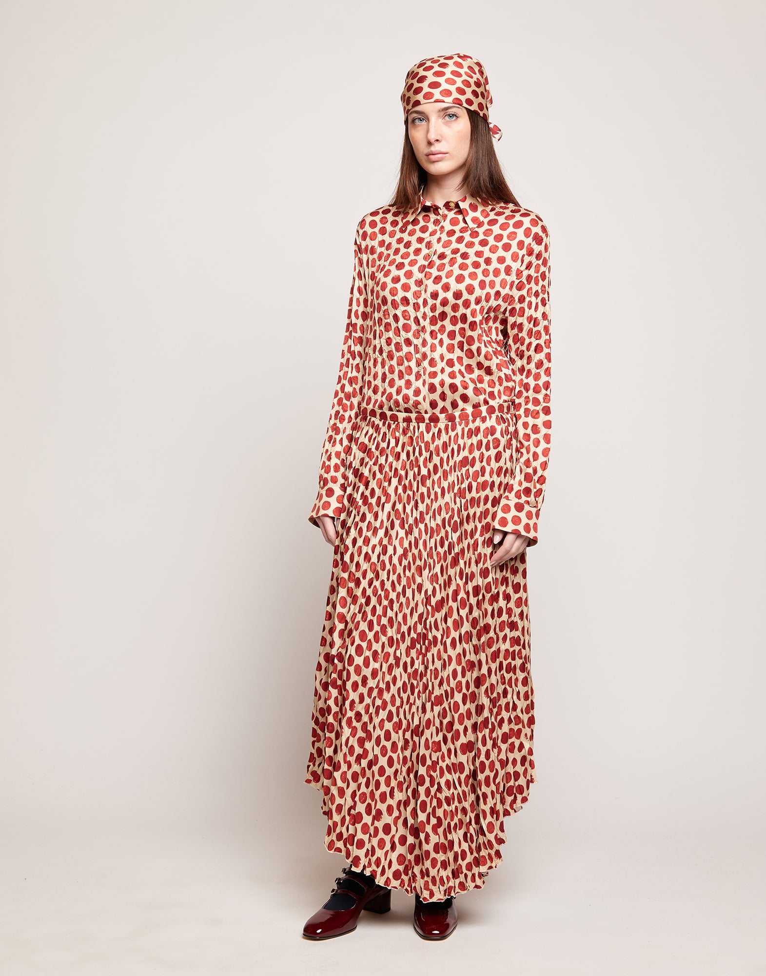 Gonna Lunga Plissé in Twill Stampato a Pois Vaniglia/Cherry