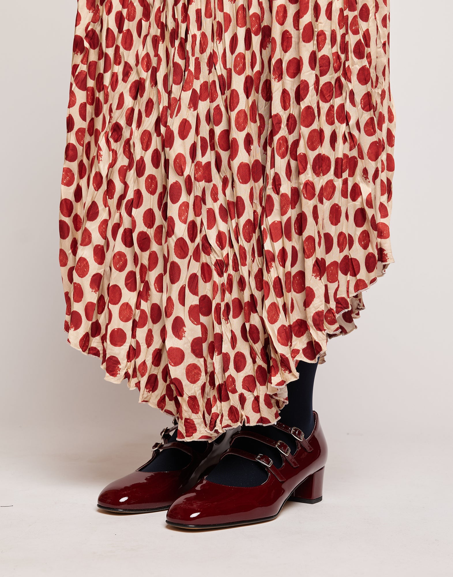 Gonna Lunga Plissé in Twill Stampato a Pois Vaniglia/Cherry