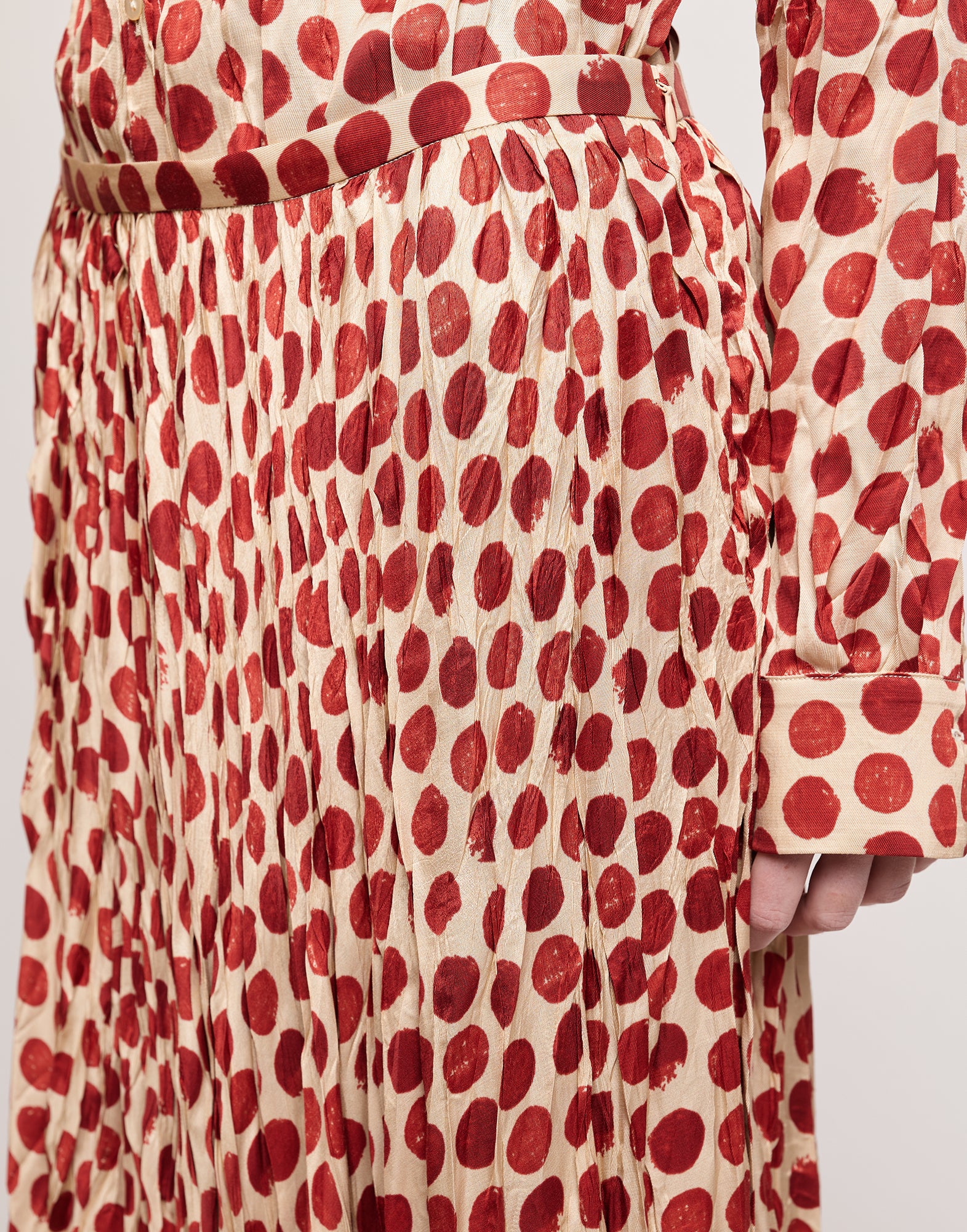 Gonna Lunga Plissé in Twill Stampato a Pois Vaniglia/Cherry
