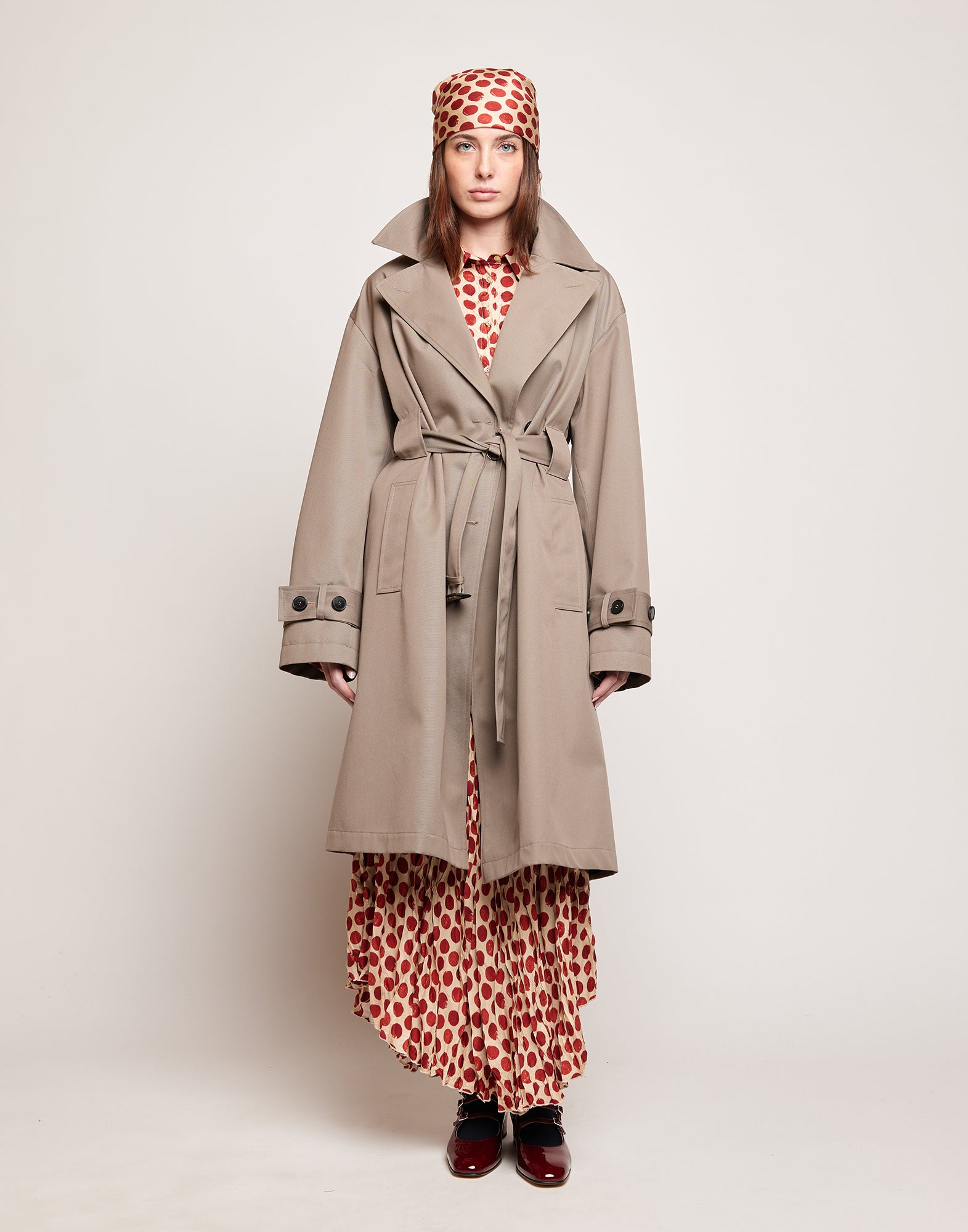 Gonna Lunga Plissé in Twill Stampato a Pois Vaniglia/Cherry