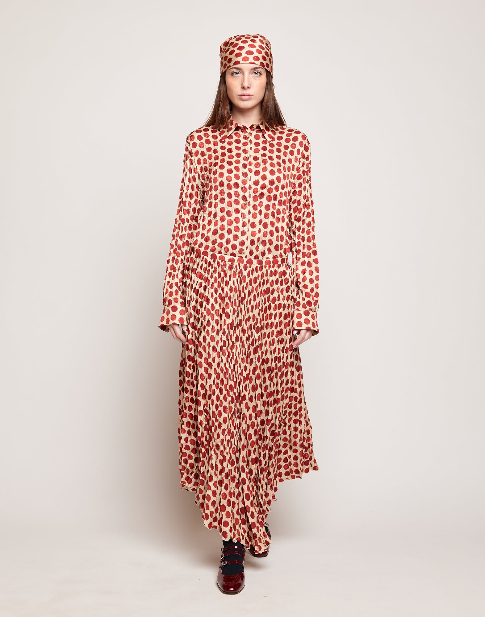 Gonna Lunga Plissé in Twill Stampato a Pois Vaniglia/Cherry